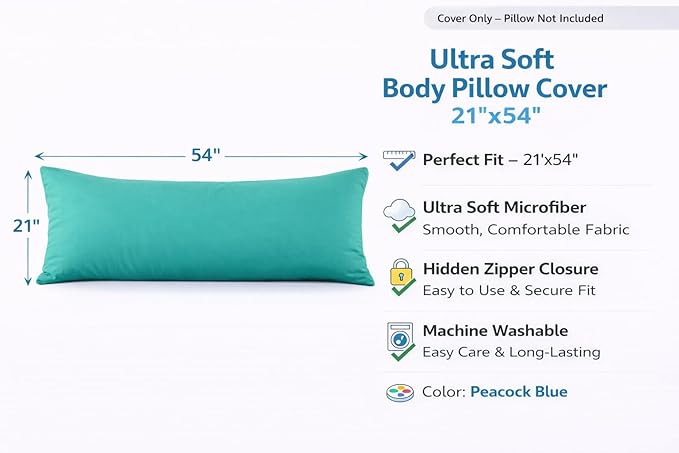 Evolive Ultra Soft Microfiber Body Pillow Cover/Pillowcases 21"x54" with Hidden Zipper Closure (21"x54" Body Pillow Cover, Peacock Blue)