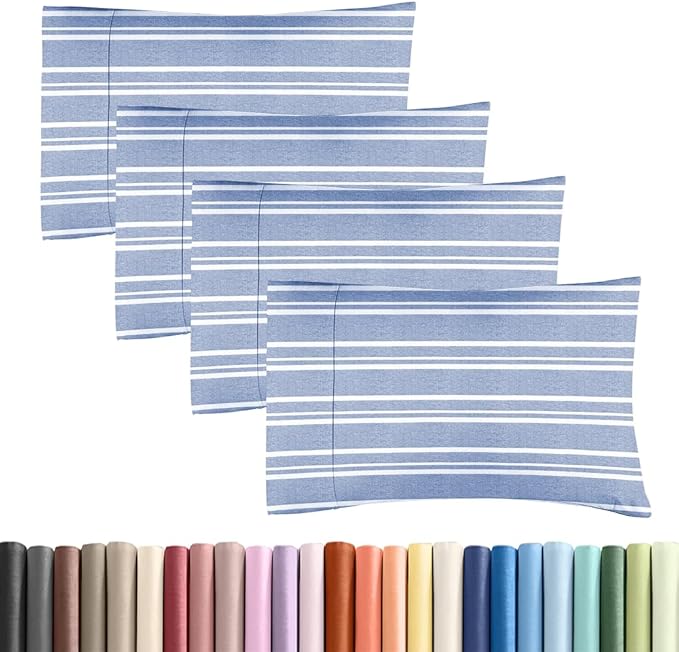 King Standard Pillow Cases Set of 4 - Soft Hotel Quality Pillowcase Covers - Comfy Bedding for Women, Men, Kids & Teens - Machine Washable Pillow Protectors - 4 Piece Set - King Standard Blue Stripes