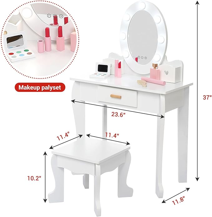 GarveeHome Kids' Vanity Set with Mirror and Light, Makeup Table and Stool for Girls, Vanity Table and Chair Set with Wood Makeup Playset for 4-9 Girls, White (Batteries Not Included)
