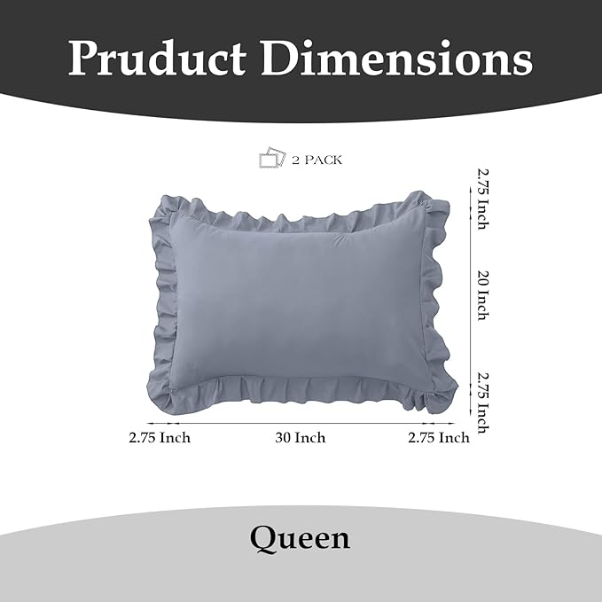 Ruffle Pillow Cases Queen Size Set of 2 – Soft Wrinkle Resistant Brushed Microfiber Ruffled Pillowcases –Envelope Pillow Shams Cover Festive Gift for Hotels,Guest Rooms 20x30 Inch (Silver Gray)