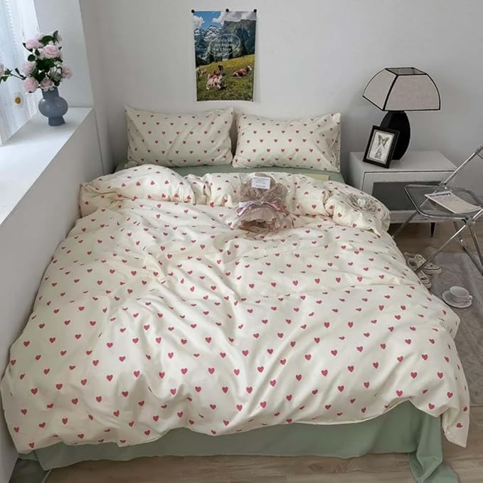 Nayoroom Heart Duvet Cover Twin Size Kawaii Pink Heart Printed on Cream White Bedding Set 2Pcs Kids Girls Cute Heart-Shaped Pattern Comforter Cover with Zipper Closure Soft Breathable Microfiber