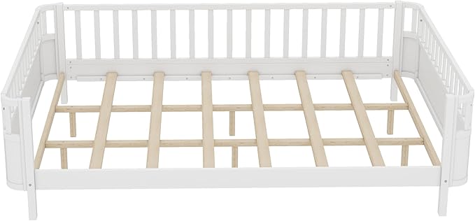 Bellemave Queen Size Montessori Bed with Fence & Slats, Platform Bed Frame with Detachable Side Rails, Rounded Corners, Safe & Easy Assembly,White Montessori Bed Queen Size