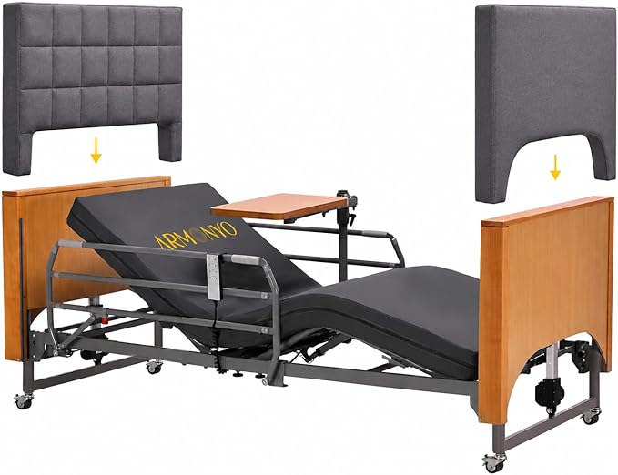 Electric Hospital Bed for Home Use – 5 Functions, Advanced German LIMOSS Motor, Ultra-Low 8.5"–25" Adjustable Height, Double Solid Wood Panels with Medical Overbed Table & Foldable Rails