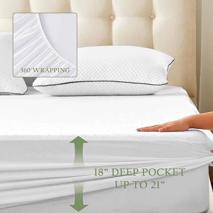 Waterproof Mattress Protector King Size, Premium Bamboo Viscose Soft Breathable Mattress Pad with Deep Pocket 8"-21", Noiseless 3D Air Fabric Cooling Mattress Cover for Bed, Machine Washable