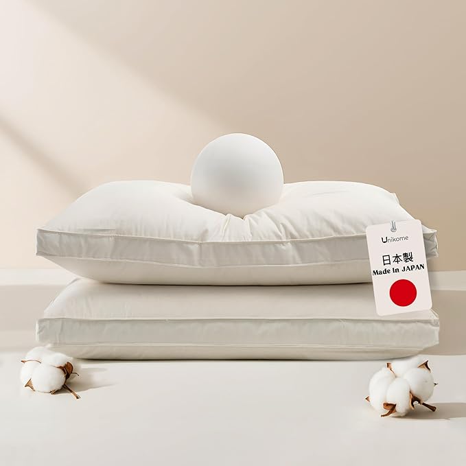 UNIKOME White Goose Down Feather Gusseted Pillows - 100% Organic Cotton Cover - Standard Size Pillow Set of 2, Made in Japan Pillow for Sleeping