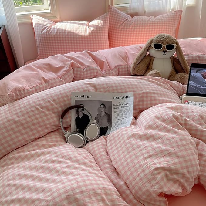 Nayoroom Gingham Duvet Cover Queen Size Reversible Pink Plaid Checkered Duvet Cover 3 Pieces Soft Breathable Washed Microfiber Girls Dorm Bedding Set for All Seasons