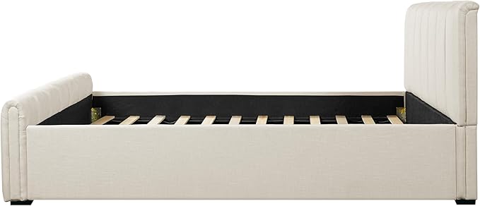 Merax Queen Size Upholstered Platform Bed with Thick Headboard and Footboard, Block Style Linen Fabric Bed Frame with Solid Wood Legs, Beige