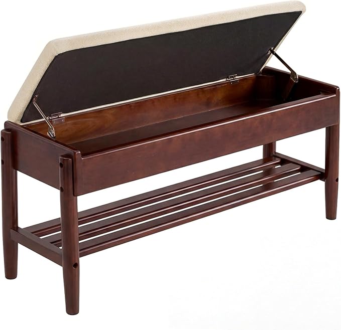 YEPDIN 39.3" Solid Wood Shoe Rack Bench with Flip-Top Storage,2 Tier Shoe Rack Bench with Chenille Cushion,for Entryway, Hallway,Living Room, Bedroom, Closet