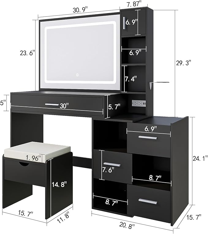 Vanity Desk with LED Lighted Mirror, Sliding Side Cabinet with Expandable Storage, Makeup Table with Drawers & Shelves, Built-in Power Outlet, Vanity Set with Storage Stool for Bedroom (Black)