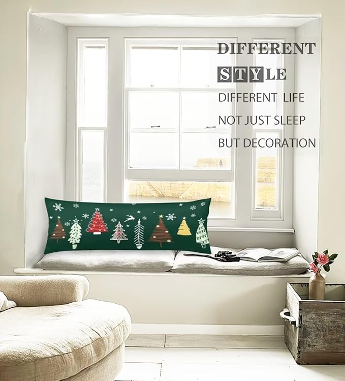 Christmas Body Pillow Cover Christmas Decoration Forest Green Christmas Tree Long Pillow Case with Zipper Farmhouse Bedding Pillowcase Decorative Soft Cushion Pillows Covers for Bedroom,Couch,20"x54"