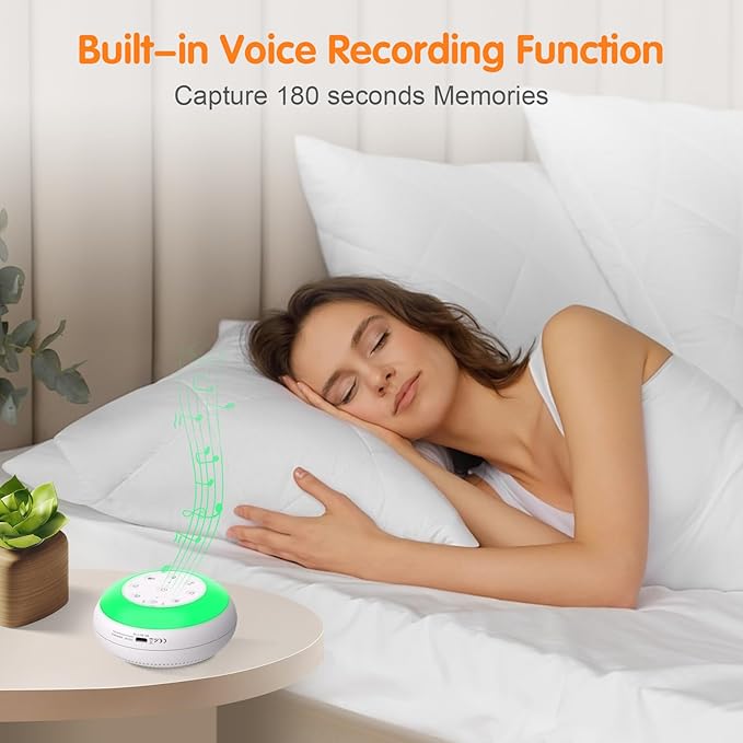 Portable White Noise Sound Machine for Baby, Kids, Adults Sleep - 24 Soothing Natural Sounds, 7 Color Night Light, Portable Wireless Bluetooth Pillow Speaker for Home, Travel, Nursery, Office