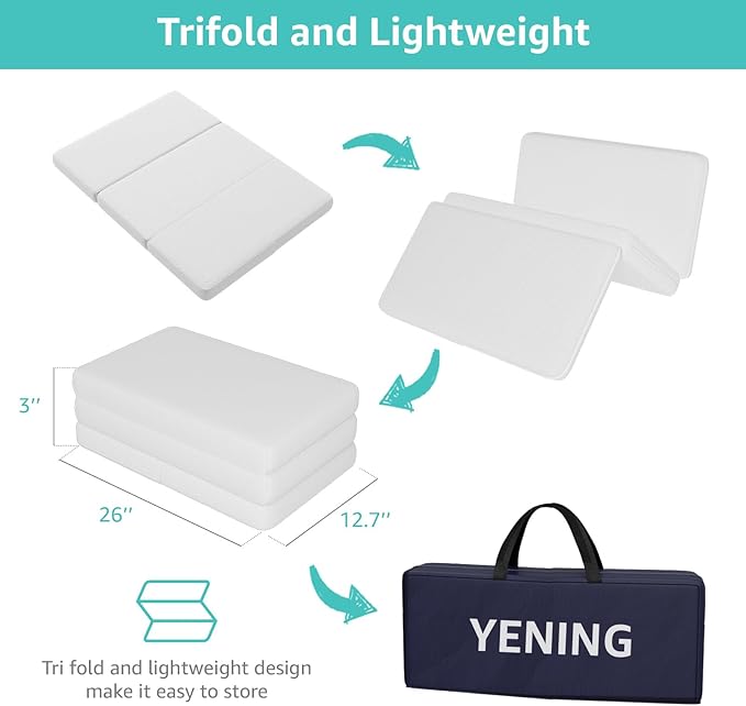 YENING Trifold Pack and Play Mattress Pad Foldable 38x26 Waterproof Baby Mattress for Pack N Play Matress Topper Breathable White