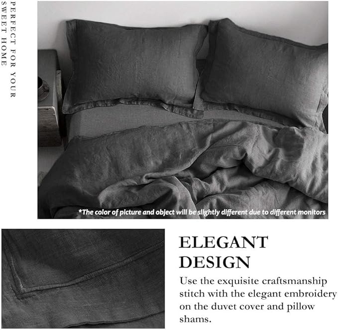 Simple&Opulence 100% Linen Duvet Cover Set with Embroidery Border Washed - 2 Pieces (1 Duvet Cover & 1 Pillow Sham) with Button Closure Soft Breathable Farmhouse - Dark Grey, Twin Size