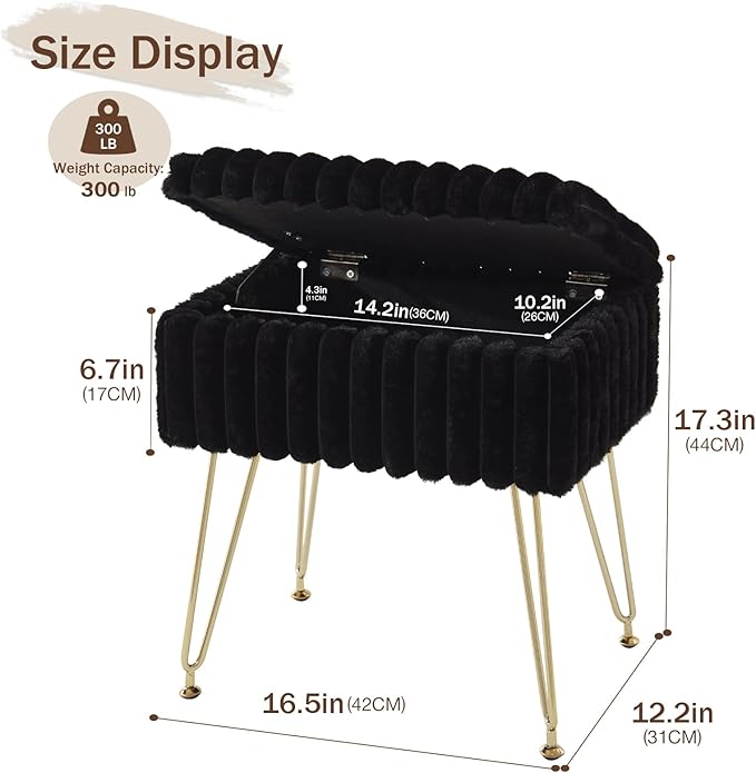 EBENCHICO Vanity Stool Chair with Storage, Faux Fur Stools for Vanity Makeup, Foot Stool Ottoman with 4 Metal Legs, Small Vanity Bench Seat Chairs for Living Room Bedroom