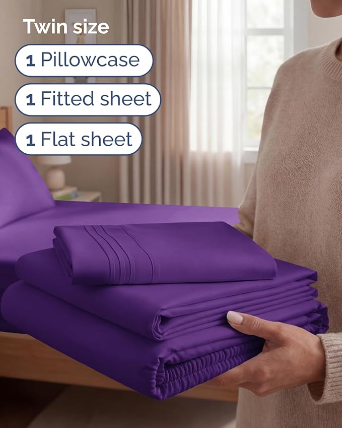 Twin Size 3 Piece Sheet Set - Comfy Breathable & Cooling Sheets - Hotel Luxury Bed Sheets for Women & Men - Deep Pockets, Easy-Fit, Extra Soft and Wrinkle Free Sheets - Purple Oeko-Tex Bed Sheet Set