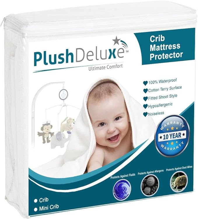 PlushDeluxe Mattress Protector, Waterproof Mattress Cover, Breathable Soft Cotton Terry Surface, Mini-Crib - 27"X 39"