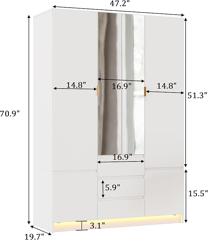 PAKASEPT 4 Doors Armoire Wardrobe Closet with Led Light & Mirror, Bedroom Large Capacity Freestanding Armoire Wardrobe with Drawers, Storage Cabinet with Hanging Rod Storage Closet for Bedroom