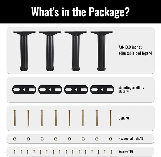 YHK 4PCS Adjustable Height Bed Support Legs 7.8-13.0inch, Heavy Duty Bed Frame Support Legs for Bed Slat and Frame, Plastic Bed Frame Support Replacement Bed Support Reinforcement Parts