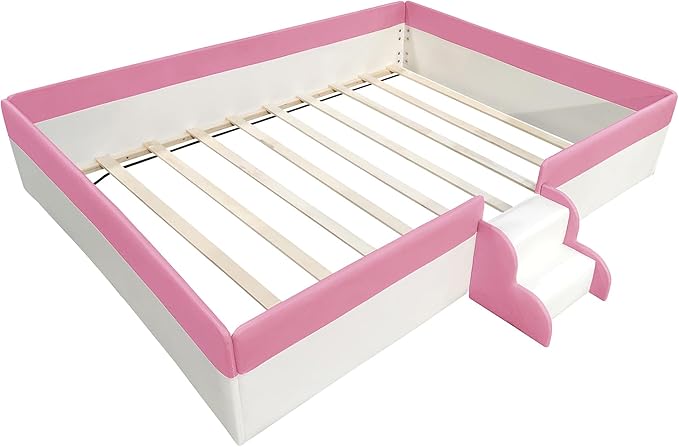 Merax Queen Size Floor Bed, Upholstered Kids Daybed Frame with Fence and Stairs, Wood Bed for Living Room, White+Pink