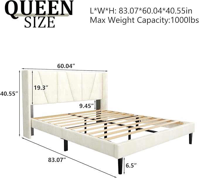 HAOARA Queen Size Bed Frame with Headboard, Velvet Upholstered Platform Bed Frames, Contemporary Mattress Foundation, Noise Free, No Box Spring Needed, Easy Assembly, Beige