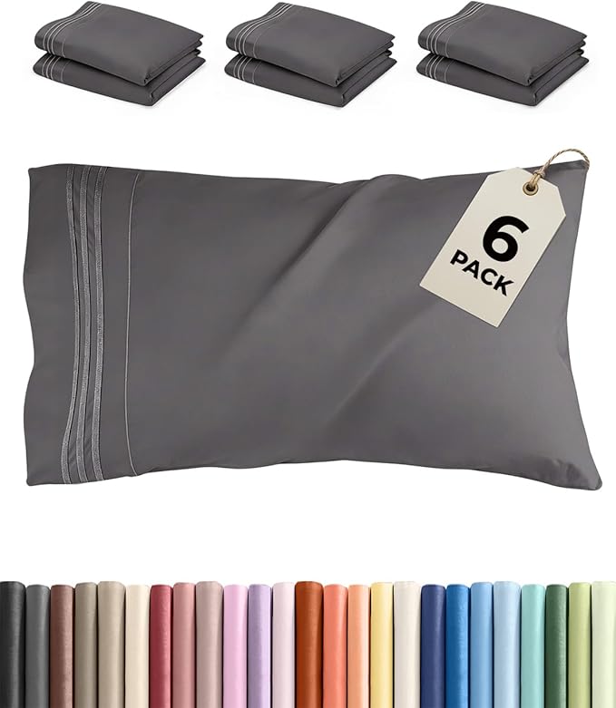 King Pillow Cases Set of 6 - Ultra Soft Hotel Quality Pillowcase Covers - Comfy. Cozy & Wrinkle Free - Shrink, Stain and Fade Resistant - Machine Washable Pillow Protectors - 6 Piece Set - Dark Grey