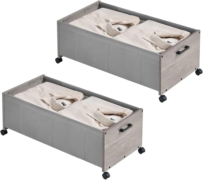 FOUCSSOMEI Under Bed Storage with Wheels, Bigger Size, Under Bed Drawers Heavy Duty, 2 Packs, Wooden Under Bed Storage Containers Organizer, Metal Frame, Patented Design