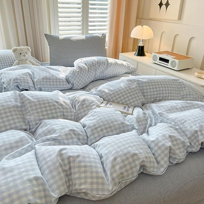 Nayoroom Gingham Duvet Cover Full Size Blue White Plaid Checkered Comforter Cover 3 Pcs Soft Breathable Washed Microfiber Grid Farmhouse Bedding Set with Pillow Shams