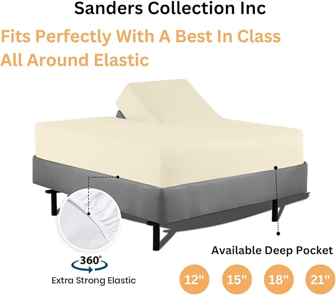 Sanders Collection Inc SCI Top Split Flex Sheet Set for Adjustable Bed 30" Split Head Queen Size 800 Thread Count 100% Egyptian Cotton 4 Piece Set fits up to 16 Inch Deep Pocket (Ivory)