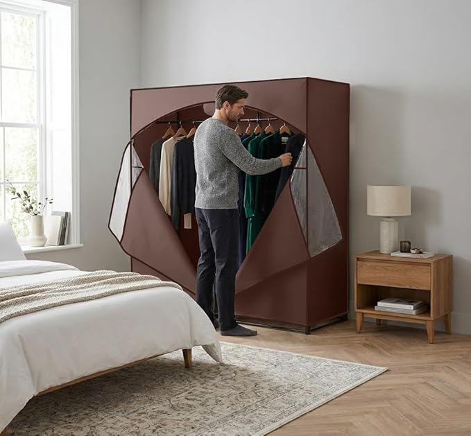 HOLDN’ STORAGE Portable Wardrobe Closet - 65 lb Large Capacity, Internal Heavy Duty Metal Rod, Zipper & Clear Window, Durable Clothes Organizer, Tool-Free Easy Assembly, Brown Canvas Cover