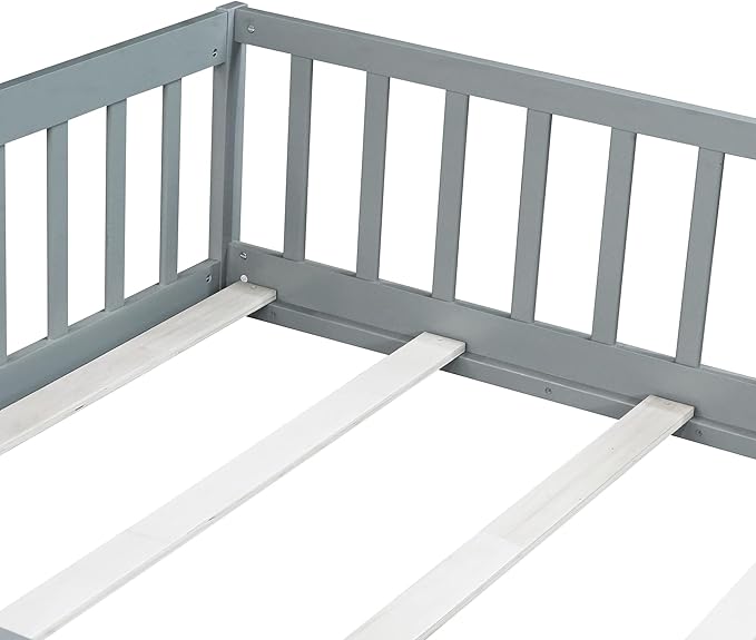 Bellemave Full Size Montessori Floor Bed Frame with Rails & Door, Solid Wood Kids Floor Bed Full with Removable Slats, Low Profile Montessori Bed for Children’s Sleep & Play, Grey