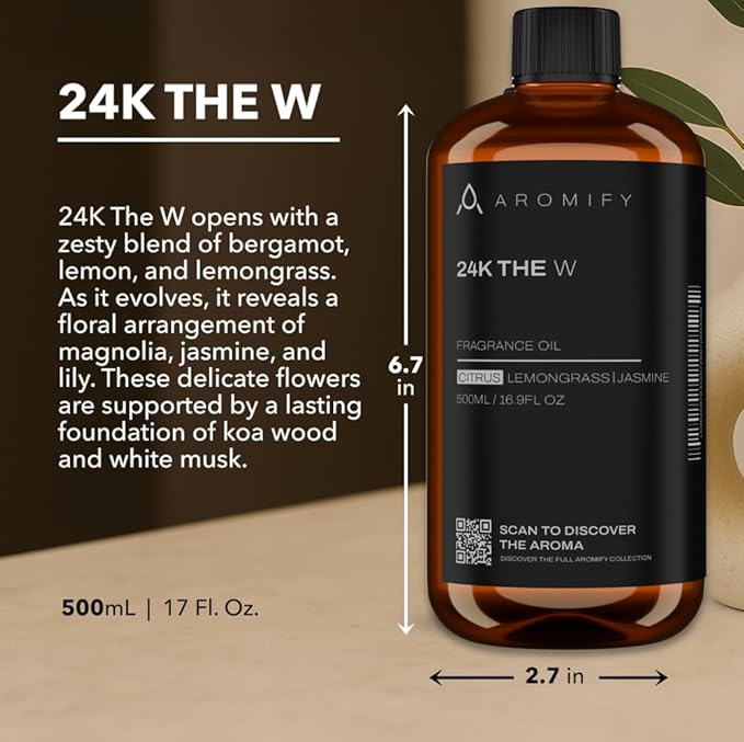 24K The W Diffuser Oil, 16.9 FL Oz 500 mL, Luxury Hotel Scent for Home, Bathroom, Spa & Office, Natural Essential Oil, Citrus, Lemongrass & Jasmine Scents