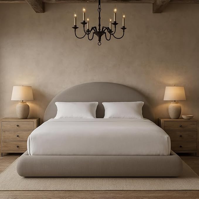 Round Bed – Washable Zip Cover - Upholstered Linen Soft Foam - Modular Minimalist Modern - Half Circle Moon - Sold Sold Separately (Gray Linen Premium, Queen Base)