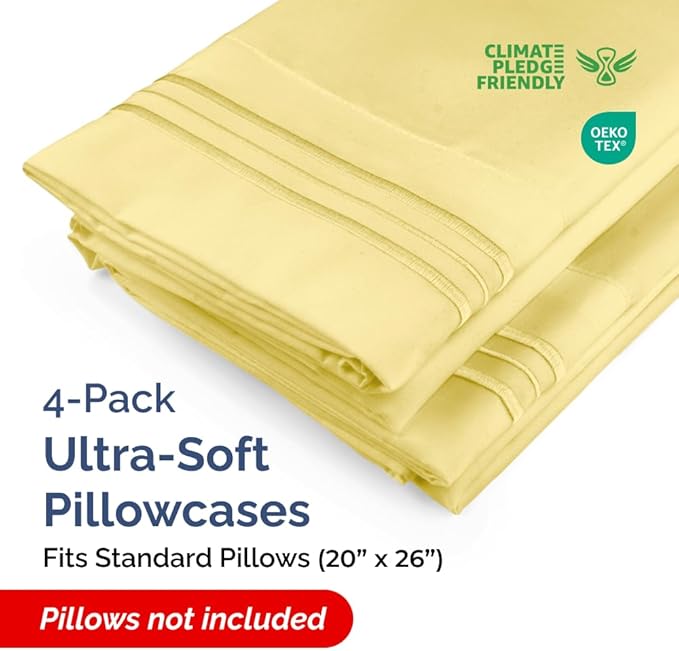 Standard Pillow Cases Set of 4 - Ultra Soft Hotel Quality Pillowcase Covers - Comfy Cozy Bedding for Women, Men, Kids & Teens - Machine Washable Pillow Protectors - 4 Piece Set - Standard Size Yellow