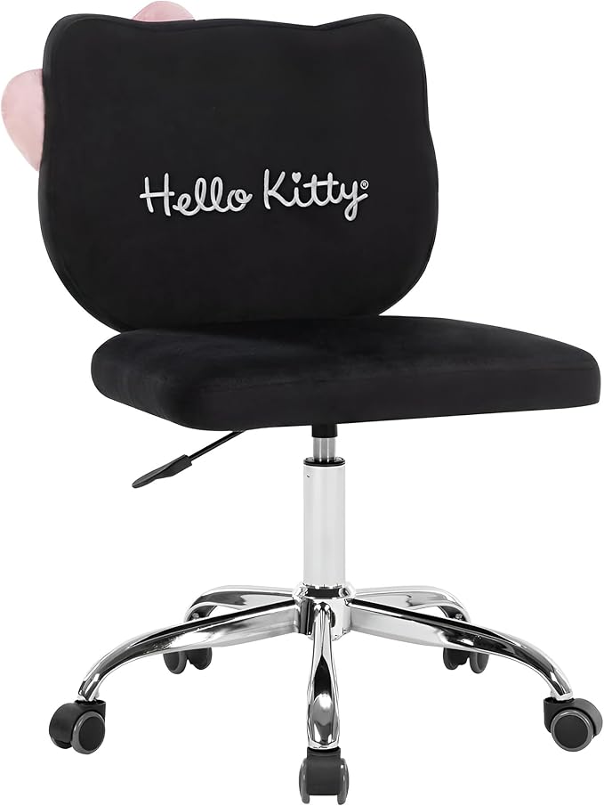 Impressions Vanity Hello Kitty Kawaii Swivel Vanity Chair for Makeup Room, Adjustable Height Cute Desk Chair with Wheels Rolling, Comfy Polyurethane Foam Back Armless Chair for Dorm (Black)