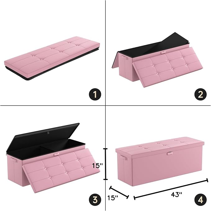 DocSafe Storage Ottoman Bench, Fireproof＆Waterproof Folding Bench with Lock(15”x 43”x15”), Leather Storage Chest with Handles＆2 Extra Boxes, Ottoman Safe for Bedroom,Living Room,Home Office, Pink
