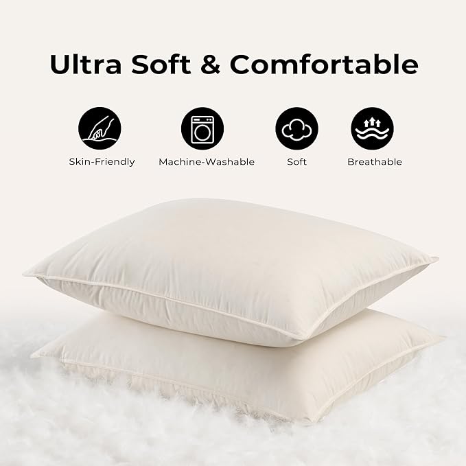 UNIKOME White Goose Down Feather Pillows - 100% Organic Cotton Cover - Standard Size Pillow Set of 2, Made in Japan Pillow for Sleeping