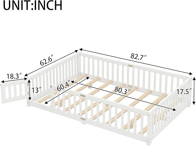 Bellemave Queen Floor Bed with Slats and Door, Queen Size Montessori Floor Bed with Fence and Door, Easy Assemble Montessori Beds Frame for Girls, Boys, White