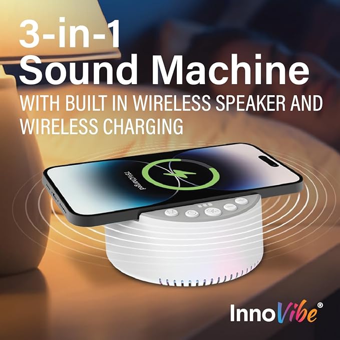 Sound Machine with Wireless Charger & Bluetooth Speaker – White Noise Sleep Aid with Memory Function, 6 Soothing Sounds, 3 Timer Modes – Compact Bedside Relaxation Device, White