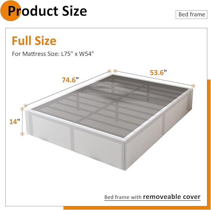 Maenizi 14 Inch Full Bed Frame with White Fabric Cover, Heavy Duty Metal Bed Frame Full, No Box Spring Needed, Support Up to 3000 lbs, Easy Assembly, Noise Free, Black