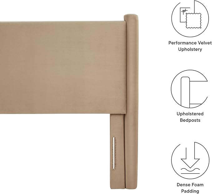 Modway Rael Queen Upholstered Headboard with Pillars in Taupe – Velvet Headboard – Stain-Resistant Performance Velvet Headboard for Queen Size Beds