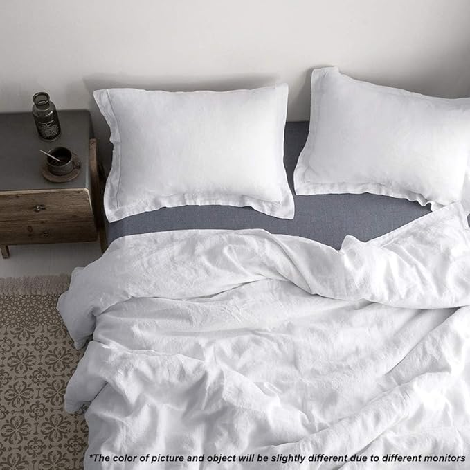 Simple&Opulence 100% Linen Duvet Cover Set with Embroidery Border Washed - 2 Pieces (1 Duvet Cover & 1 Pillow Sham) with Button Closure Soft Breathable Farmhouse - White, Twin Size