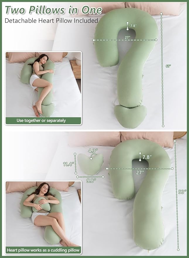 Meiz Question Mark Body Pillow for Adults & Couples - Rayon Cover Derived from Bamboo, Full Body Support for Side Sleepers, Back & Pregnancy, with Detachable Heart Cushion, Sage Green