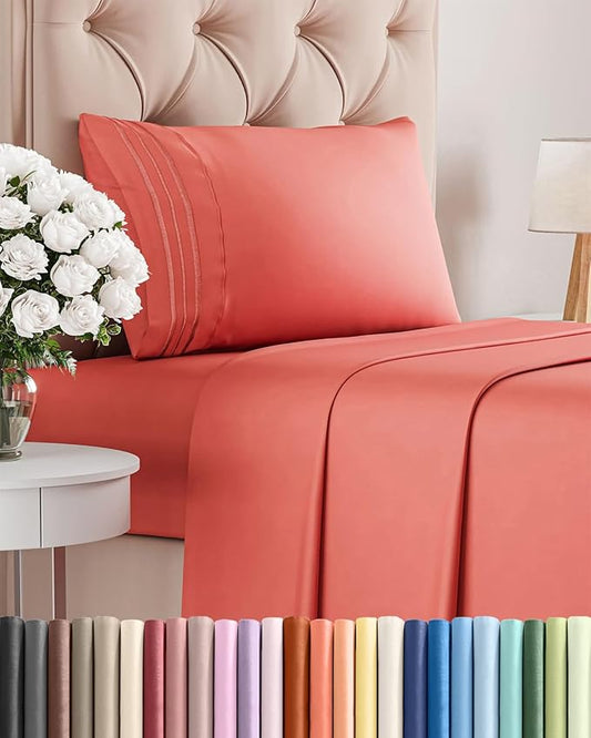 Twin Size 3 Piece Sheet Set - Comfy Breathable & Cooling Sheets - Hotel Luxury Bed Sheets for Women & Men - Deep Pockets, Easy-Fit, Extra Soft and Wrinkle Free Sheets - Coral Oeko-Tex Bed Sheet Set