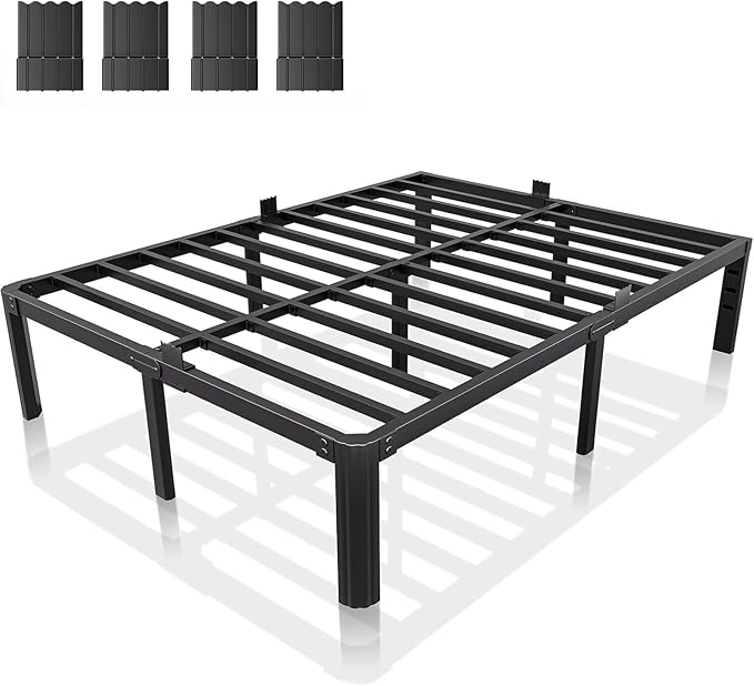14 Inch Metal Bed Frame Full Size, Heavy Duty Balck Platform Full Size Bed Frame with Round Corner Legs, Mattress Slide Stopper, No Box Spring Needed, Easy Assembly