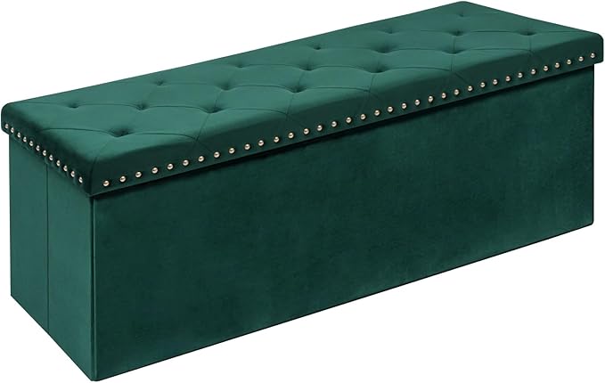 PINPLUS Storage Ottoman Bench for Bedroom, Green Ottoman Folding Velvet Chest with Benches Foot Rest Stool, Large Long Foldable Chest for Entryway Living Room, 43.3"x15.7"x15.7"