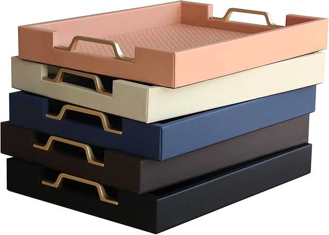 HofferRuffer Faux Leather Rectangle Serving Tray Decor Platter with Gold Metal Handles for Coffee Table, Breakfast, Tea, Food, Countertop, Kitchen, Butler Tray, 16.2 x 12.2 x 2 inches (Classic Black)