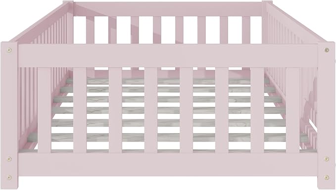Bellemave Montessori Twin Floor Bed Frame with Fence and Removable Door, Low Profile Twin Size Montessori Bed Frame for Kids, Solid Wooden Floor Beds with Slats for Bedroom,Nursery, Pink