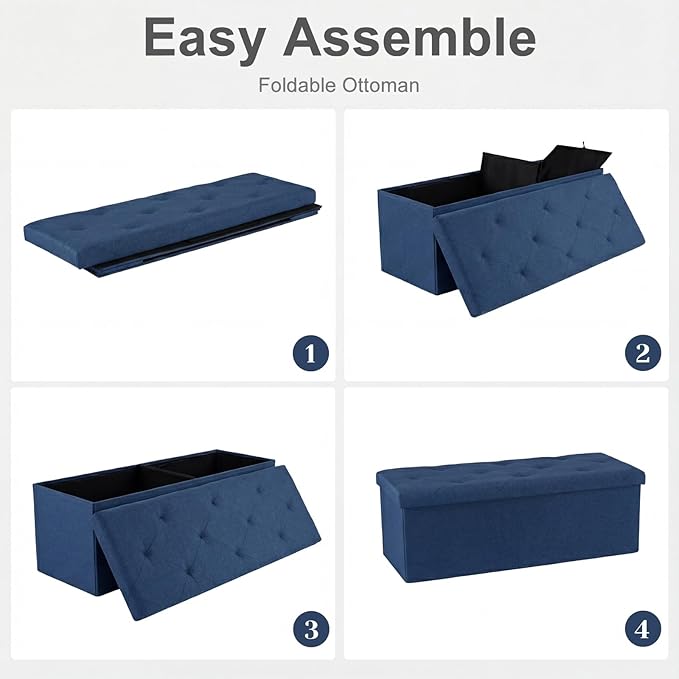 DUMOS Foldable Storage Ottoman Bench 43in, Storage Chest, Large End of Bed Foot Rest Stool with Padded Seat, Bedroom Bench for Living Room, Support 660lbs, Blue
