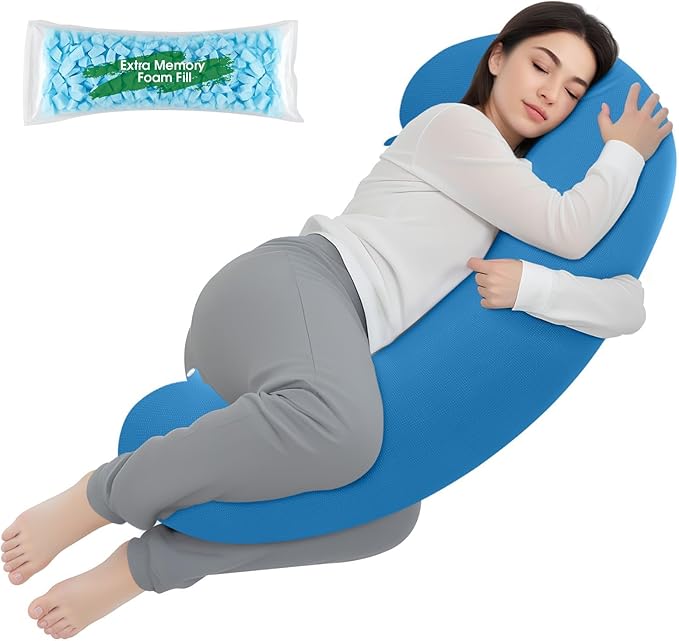 TranquilRelax C Shaped Body Pillow for Side Sleepers, Memory Foam Long Pillow for Leg, Hip & Back Support, Soft Washable Cover,Light Blue-35"*10"
