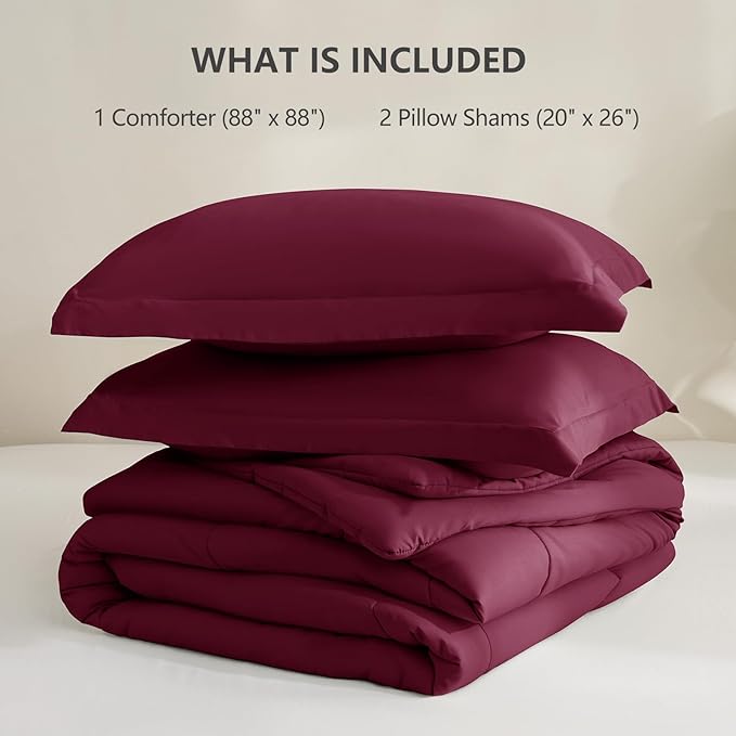 CozyLux Queen Comforter Set - 270GSM Burgundy Bedding Sets for All Seasons, 3 Pieces Box Stitched Bed Set with 1 Down Alternative Comforter and 2 Pillow Shams, Soft, Lightweight, Breathable